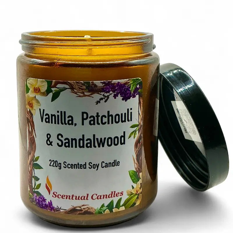Scented candle jar with Vanilla Patchouli and Sandalwood label on a white background