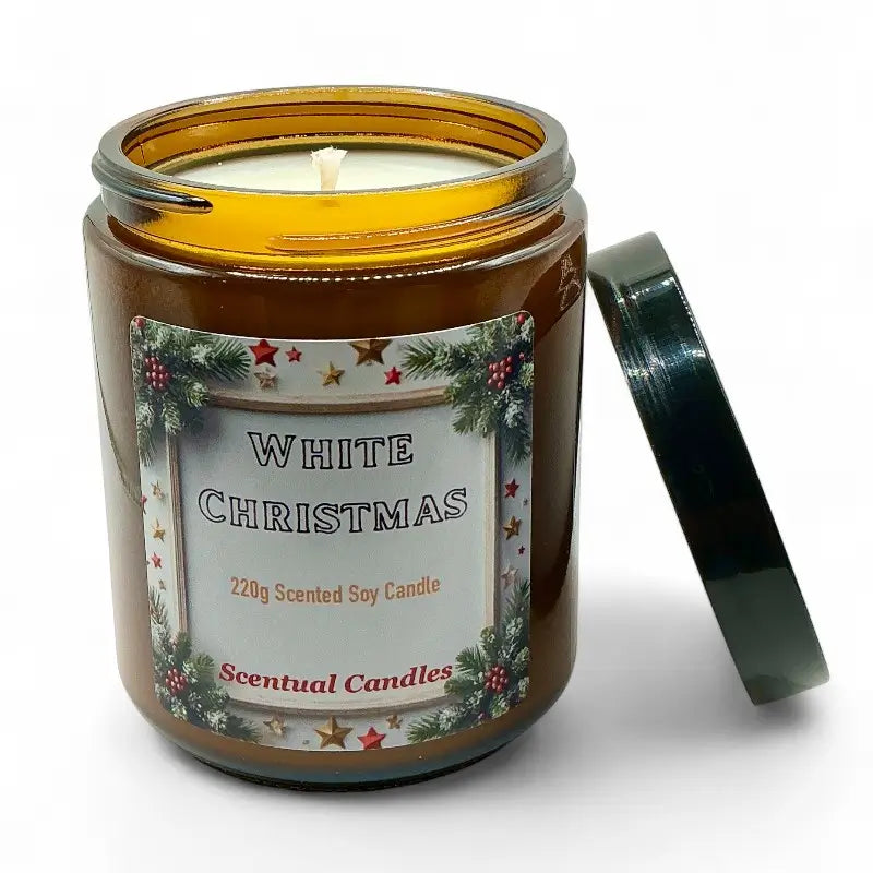Scentual Candles White Christmas scented candle in a jar with a decorative label on a white background