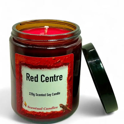 Scentual candles jar with a spicy vanilla red candle inside on a white background