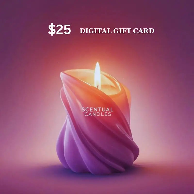 $25 Digital Scentual Candles Gift Card featuring a glowing lavender candle design with the text 'Scentual Candles'.
