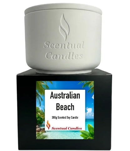 Australian Beach Scented Soy Candle from Scentual Candles, showcasing a fresh coastal scent in a stylish container.