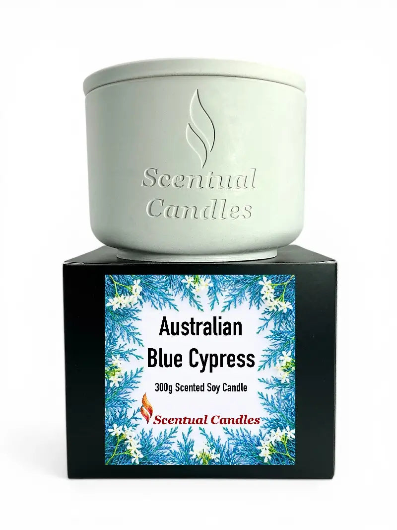 Australian Blue Cypress Candle from Scentual Candles in a 300g container with blue floral design.
