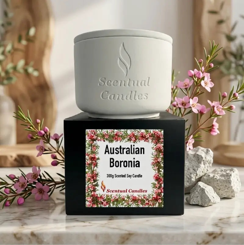 Scented Soy Candle Australian Boronia featuring a white ceramic jar with floral label design.