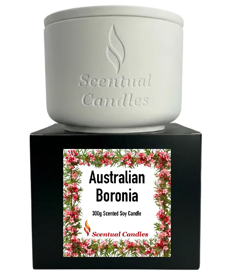Scented Soy Candle Australian Boronia featuring a white ceramic jar with floral label design.