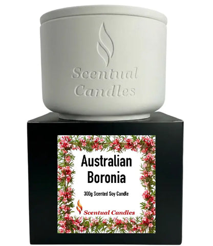 Scented Soy Candle Australian Boronia featuring a white ceramic jar with floral label design.