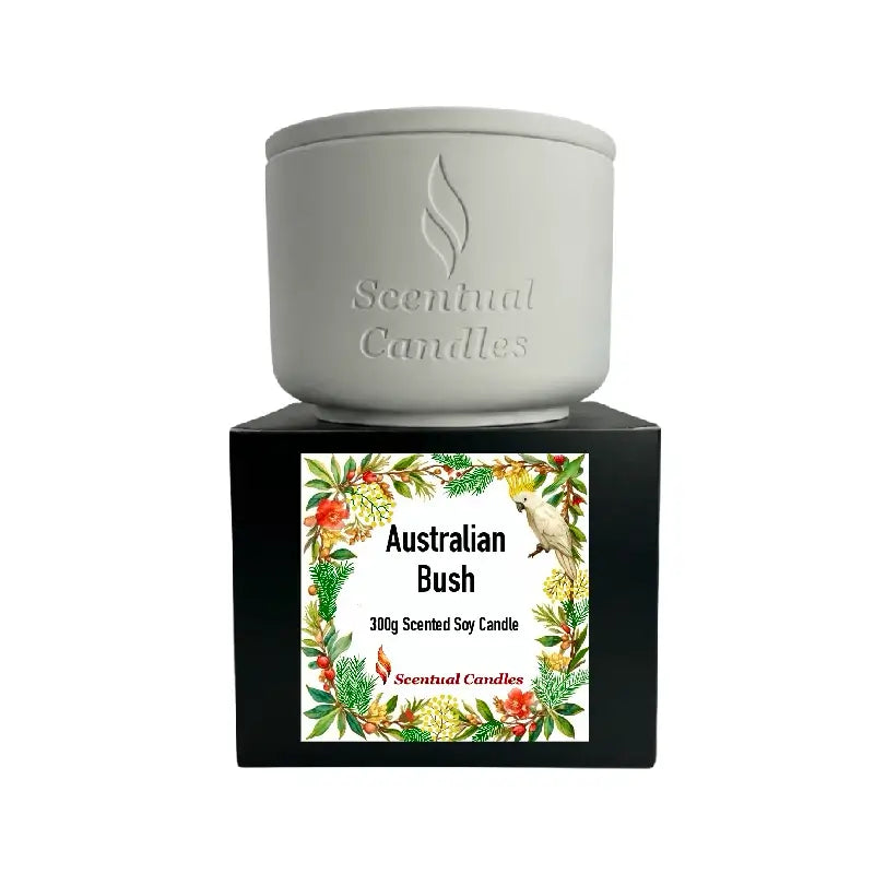 Woody and Earthy Scented Candles, Australian Bush 300g Scented Soy Candle on display.
