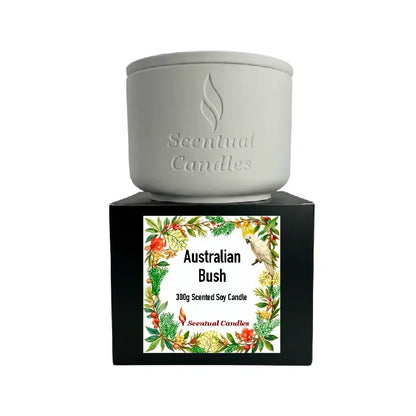 Woody and Earthy Scented Candles, Australian Bush 300g Scented Soy Candle on display.