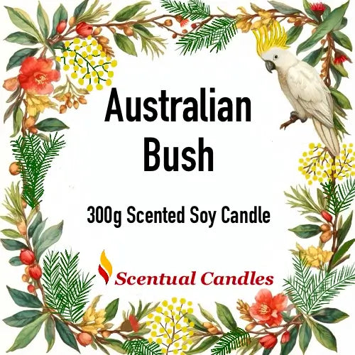 Australian Bush 300g Scented Soy Candle, part of Woody and Earthy Scented Candles Set, floral border with native bird and foliage