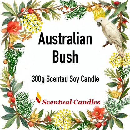 Australian Bush 300g Scented Soy Candle, part of Woody and Earthy Scented Candles Set, floral border with native bird and foliage