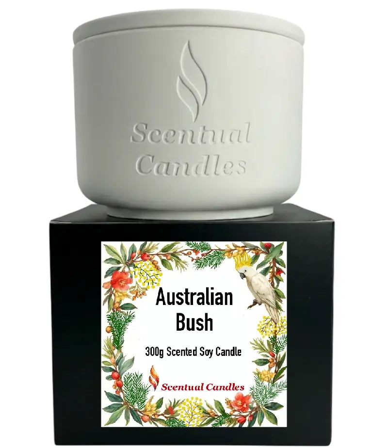 Australian Bush Candle in white container, 300g scented soy candle by Scentual Candles, featuring native Australian flora design.
