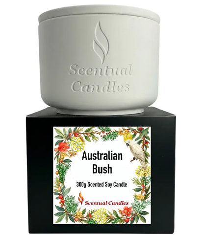 Australian Bush Candle in white container, 300g scented soy candle by Scentual Candles, featuring native Australian flora design.
