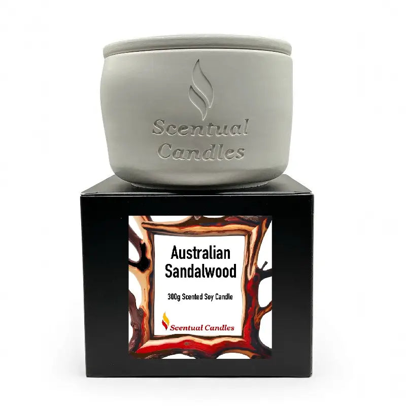 Woody and Earthy Scented Candles featuring Australian Sandalwood, 300g with 50-hour burn time, in a decorative jar.