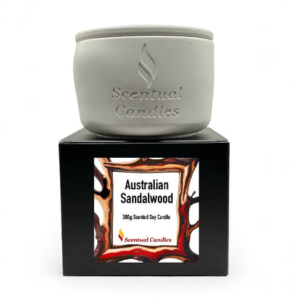 Woody and Earthy Scented Candles featuring Australian Sandalwood, 300g with 50-hour burn time, in a decorative jar.