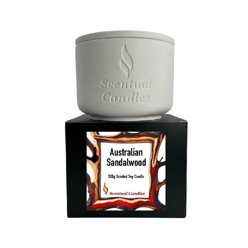 Woody and Earthy Scented Candles featuring Australian Sandalwood in a stylish container.