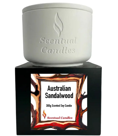 Australian Sandalwood Candle - 300g scented soy candle in a decorative container by Scentual Candles.