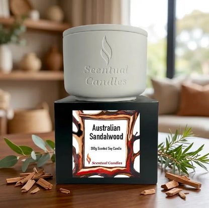 Australian Sandalwood Candle - 300g scented soy candle in a decorative container by Scentual Candles.