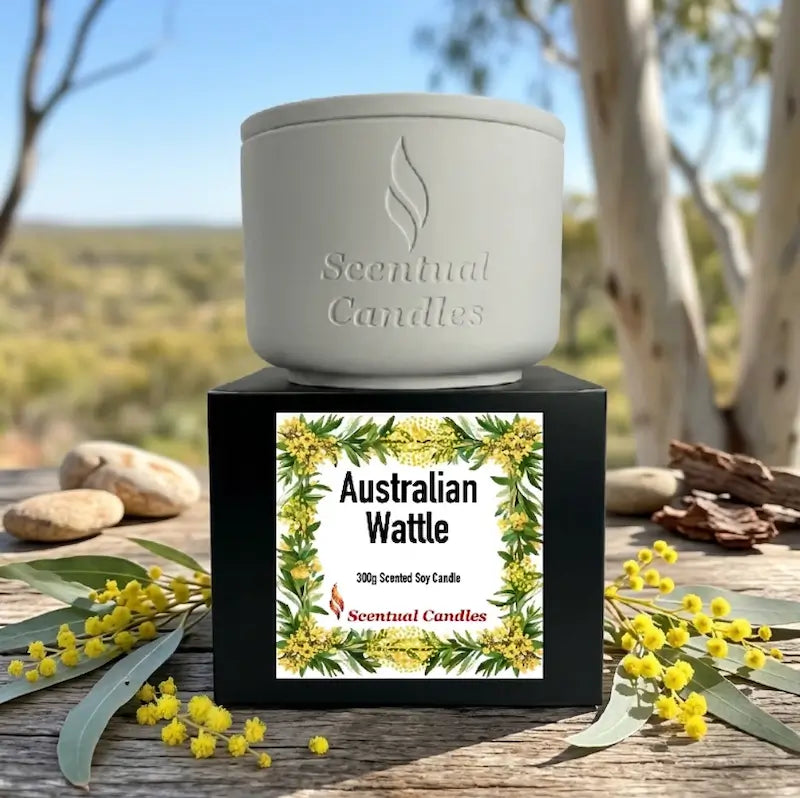 Wattle Candle displayed with Australian Wattle packaging amidst natural scenery.
