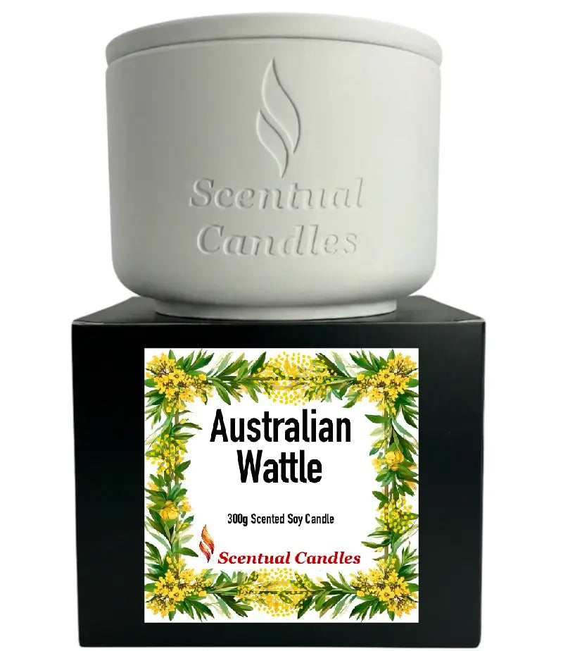 Australian Wattle Scented Soy Candle with floral label and elegant white container.