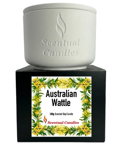 Australian Wattle Scented Soy Candle with floral label and elegant white container.