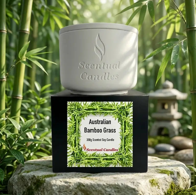 Bamboo Candle - Australian Bamboo Grass Scented Soy Candle displayed in a serene bamboo setting.