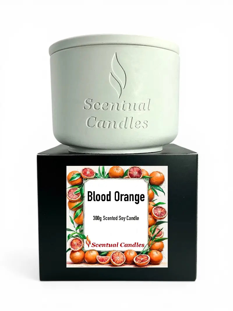 Blood Orange Candle from Scentinal Candles, 300g scented soy candle with vibrant citrus design.