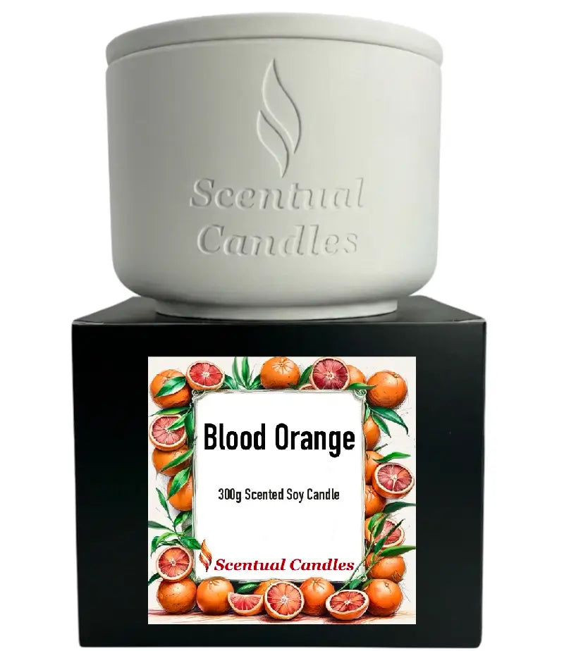 Blood Orange Candle in a stylish container with vibrant blood orange fruit design, showcasing a premium scented soy product.