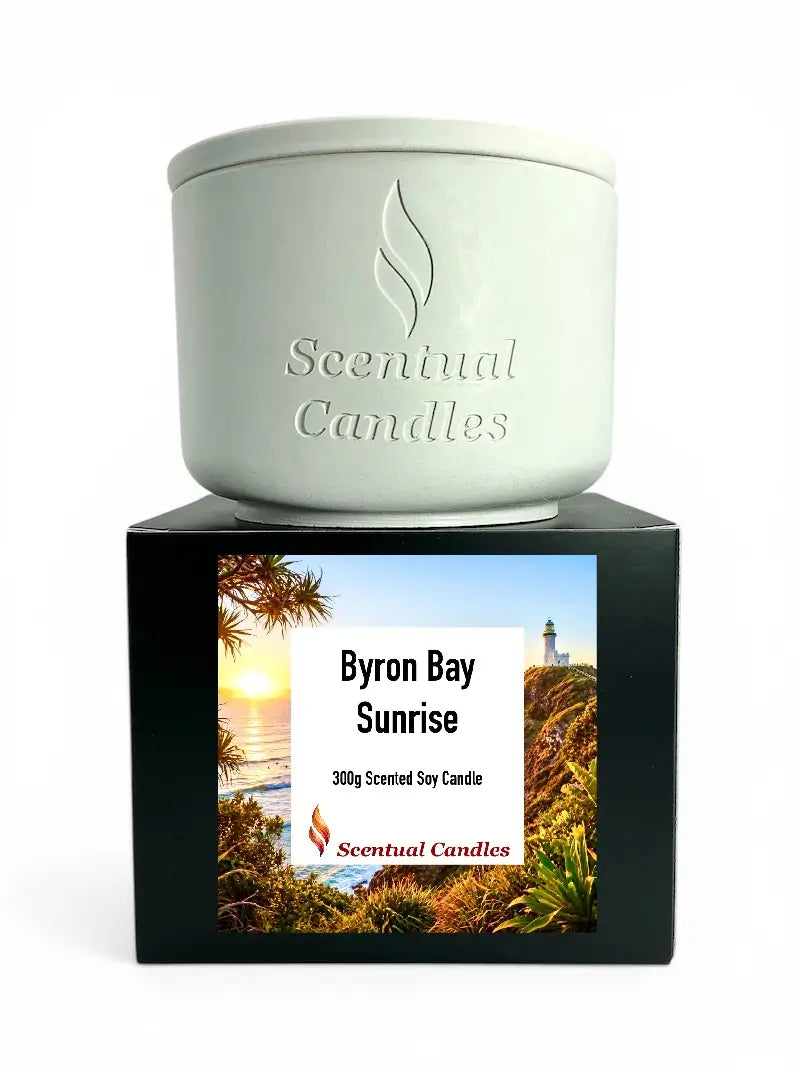 Byron Bay Scented Soy Candle in a stylish container highlighting the Byron Bay Sunrise fragrance.