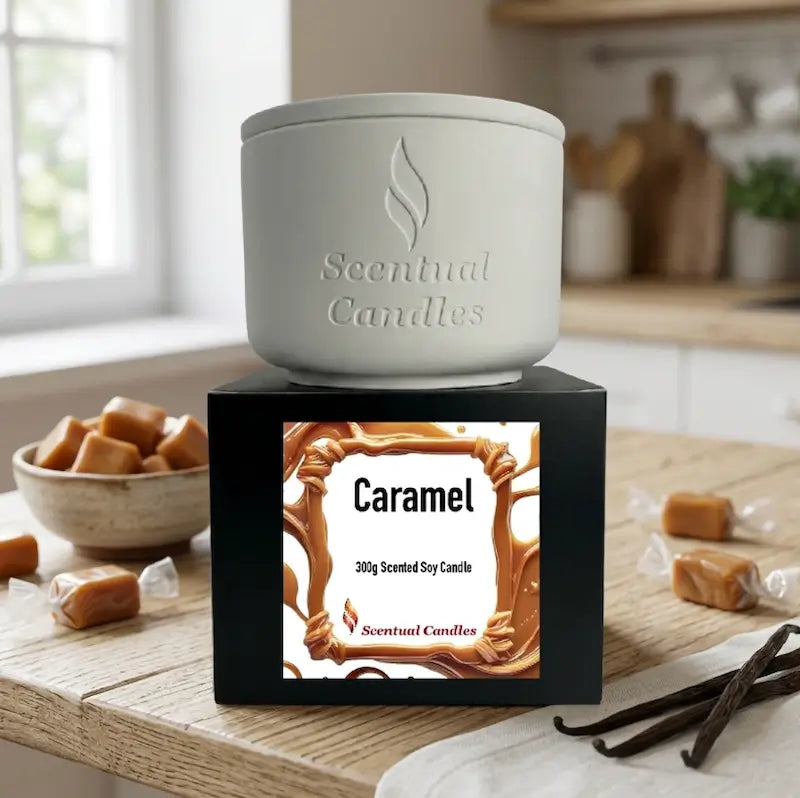 Caramel Candle by Scentual Candles, 300g scented soy candle in a decorative white jar, perfect for creating a warm atmosphere.