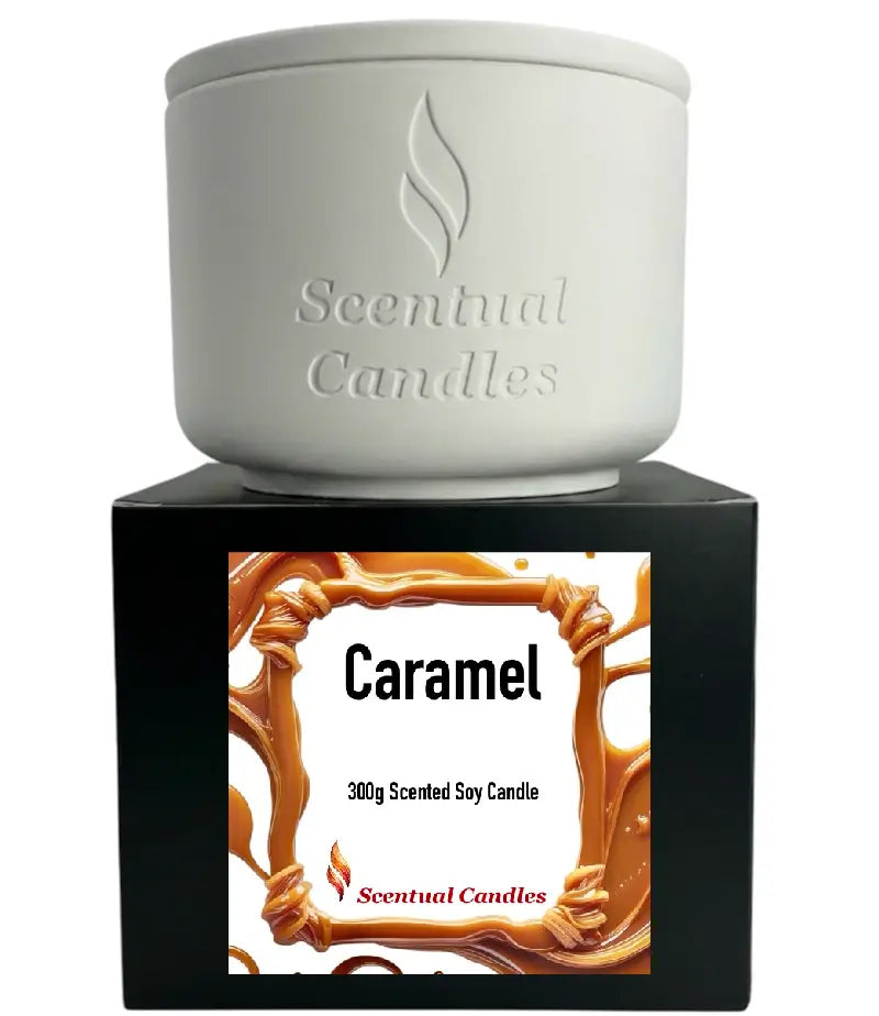 Caramel Candle by Scentual Candles, 300g scented soy candle in a decorative white jar, perfect for creating a warm atmosphere.