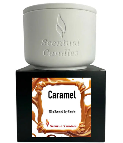 Caramel Candle by Scentual Candles, 300g scented soy candle in a decorative white jar, perfect for creating a warm atmosphere.