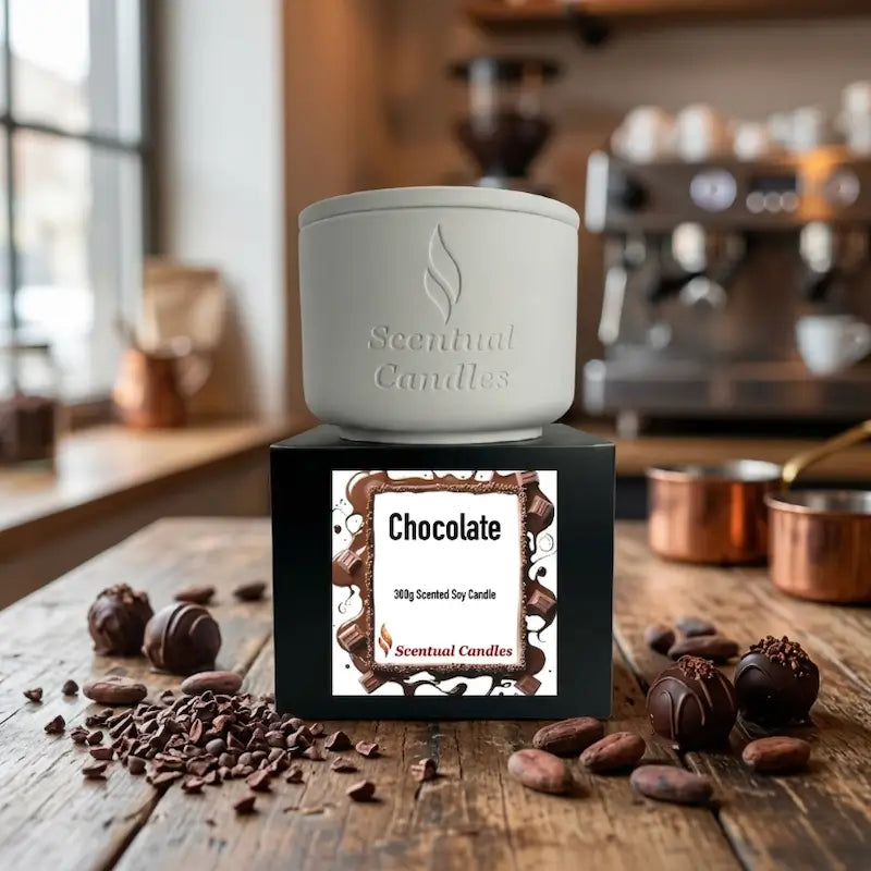 Chocolate Candle - 300g Scented Soy Candle in minimalist white container by Scentual Candles.