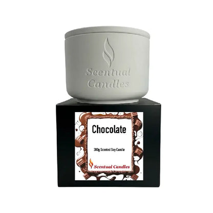 Chocolate Candle - 300g Scented Soy Candle in minimalist white container by Scentual Candles.