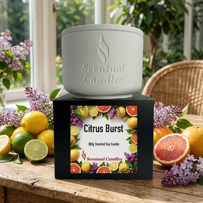 Citrus Candle in a white container with vibrant fruity label showcasing Citrus Burst scent.