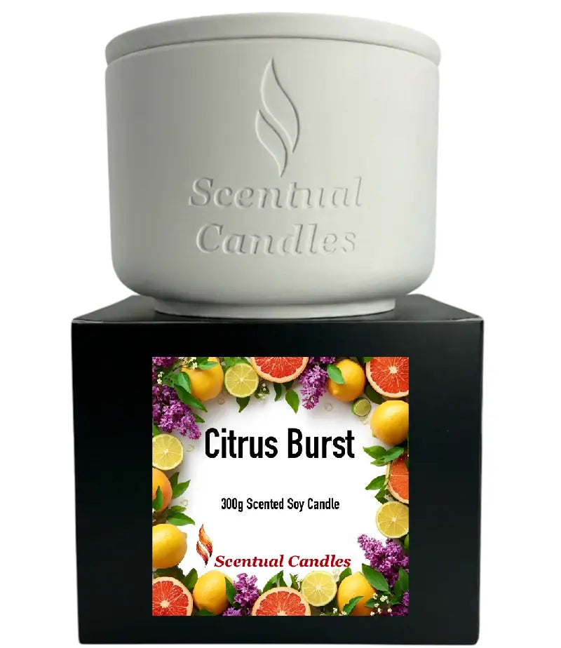 Citrus Candle in a white container with vibrant fruity label showcasing Citrus Burst scent.