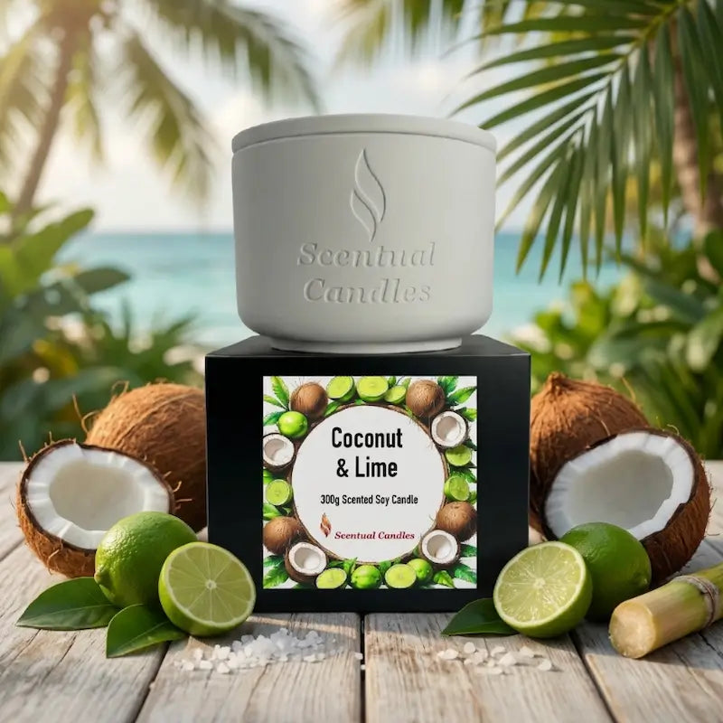 Coconut and Lime Candle displayed on a black box, labeled as 300g Scented Soy Candle by Scentual Candles.