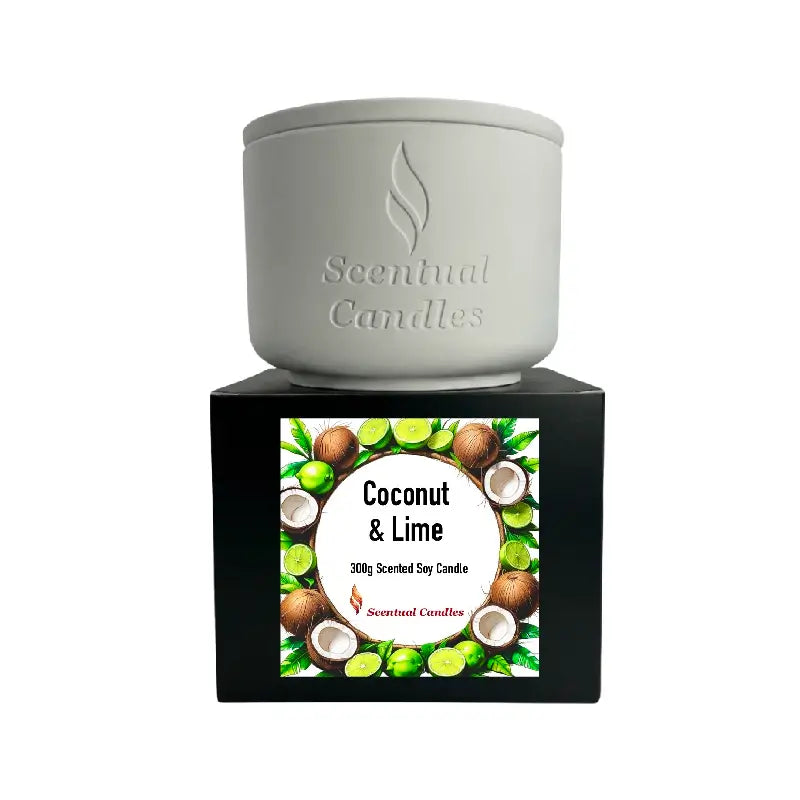 Coconut and Lime Candle displayed on a black box, labeled as 300g Scented Soy Candle by Scentual Candles.