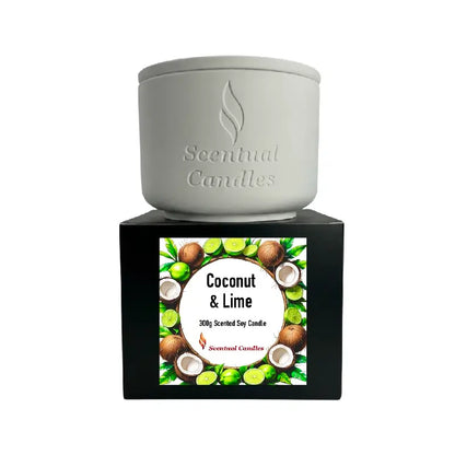 Coconut and Lime Candle displayed on a black box, labeled as 300g Scented Soy Candle by Scentual Candles.