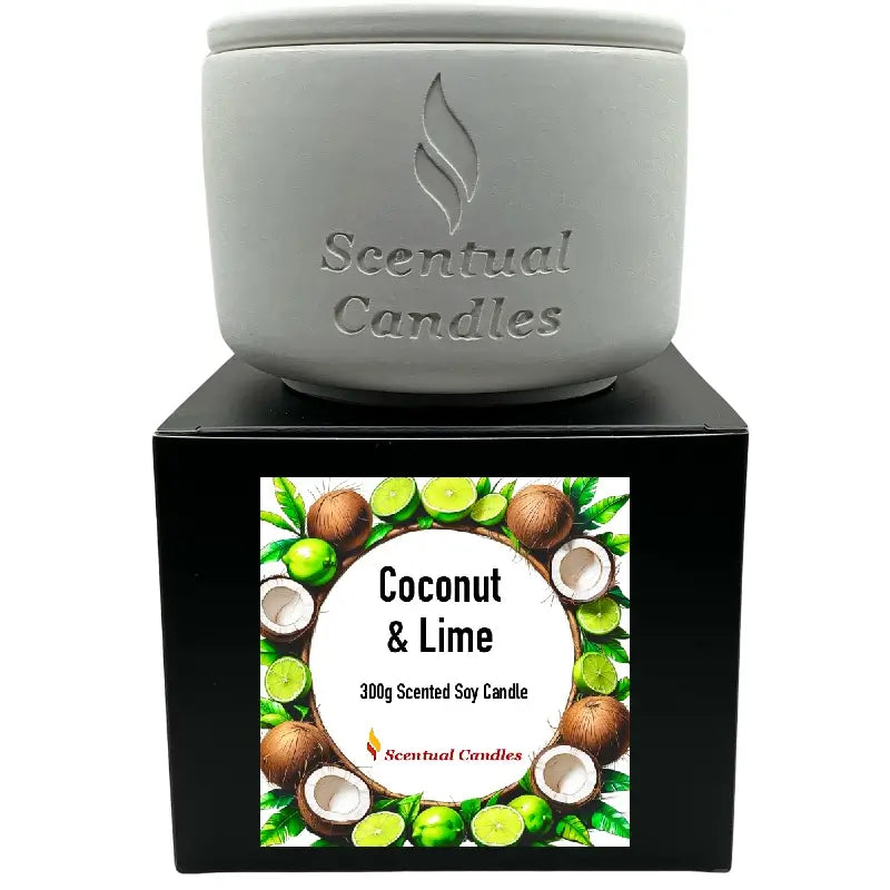 Coconut and Lime Candle - Scented Soy in a decorative jar and packaging, evoking a tropical fragrance and sunny beach paradise.