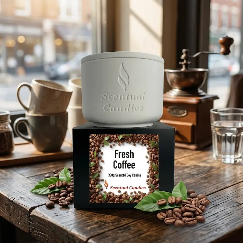 Coffee Scented Candle in a white ceramic jar with Fresh Coffee label, 300g Scented Soy Candle by Scentual Candles.
