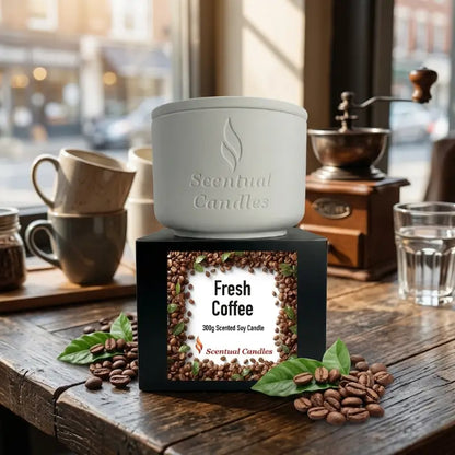 Coffee Scented Candle in a white ceramic jar with Fresh Coffee label, 300g Scented Soy Candle by Scentual Candles.