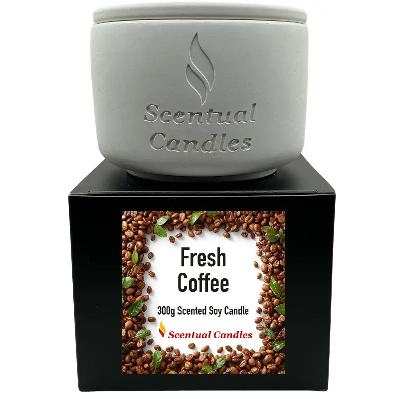 Coffee Scented Candle Dark Roast Blend on black box with coffee beans design, 300g capacity
