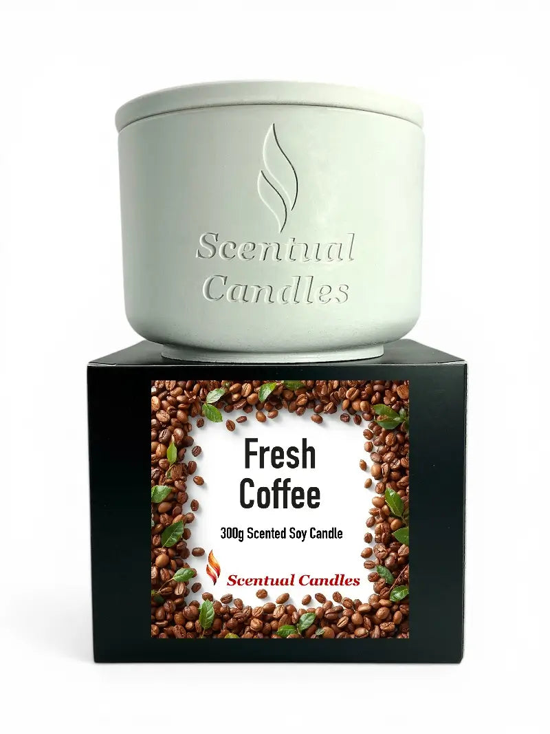 Coffee Scented Candle in cream ceramic pot with Fresh Coffee label and coffee bean decoration.