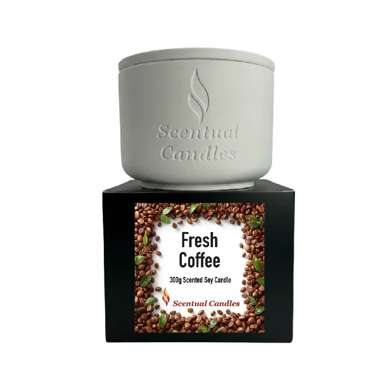 Coffee Scented Candle in a white ceramic jar with Fresh Coffee label, 300g Scented Soy Candle by Scentual Candles.