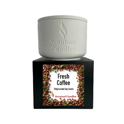 Coffee Scented Candle in a white ceramic jar with Fresh Coffee label, 300g Scented Soy Candle by Scentual Candles.