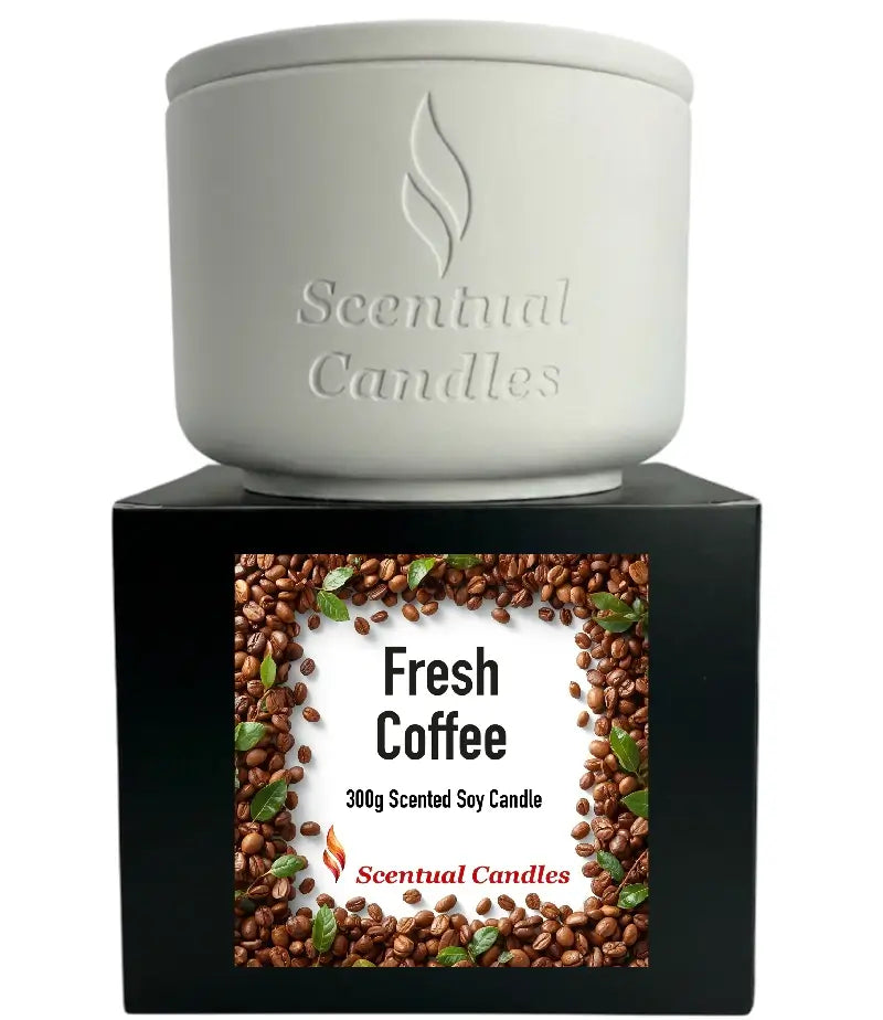 Coffee Scented Candle in a white ceramic jar with Fresh Coffee label, 300g Scented Soy Candle by Scentual Candles.