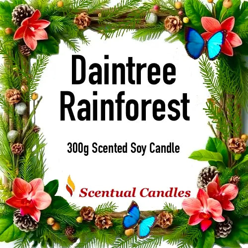Daintree Rainforest 300g scented soy Candle Gift Set by Scentual Candles with floral design.