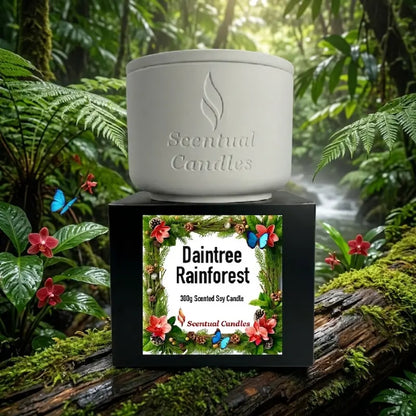 Pine Scented Candle inspired by the Daintree Rainforest with a lush, green background and colorful butterflies.