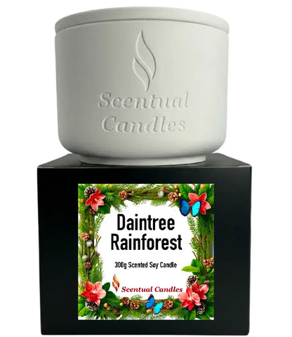 Pine Scented Daintree Rainforest Candle in white ceramic container with floral design.