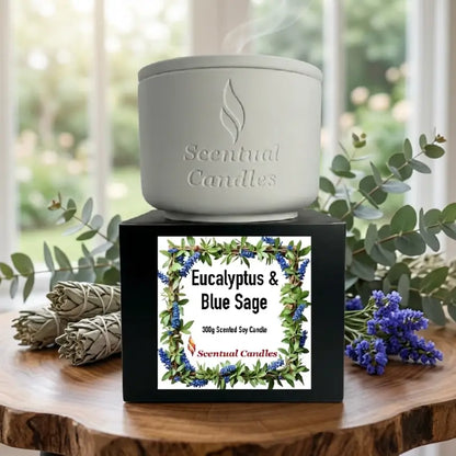 Eucalyptus Candle with Blue Sage in a white ceramic container, part of Scentual Candles collection.