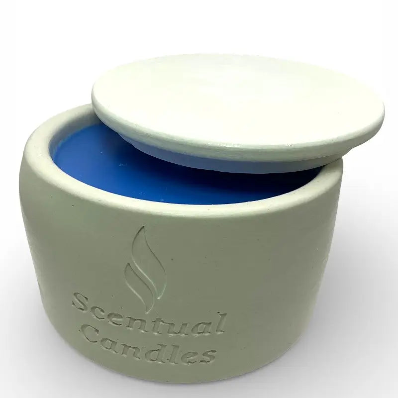 Eucalyptus Candle with Blue Sage in a ceramic jar, part of the Australian Scents Collection. Scented soy wax for a refreshing home fragrance.